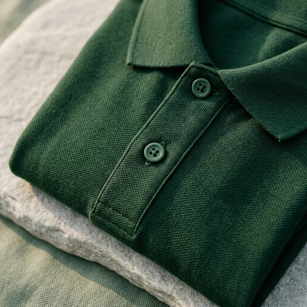 Detalhe ilustrativo de tecido piquê e acabamento de uma camisa polo verde